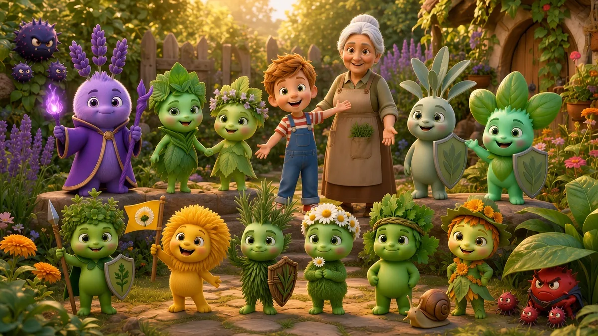 Martin und Oma Liesel stehen lachend in ihrem blühenden Kräutergarten, umringt von den fröhlichen Kräuterlingen, zum Beispiel dem lila Lavendula und dem gelben Löwi. Am Rand lauern ein paar freche Viren und Bakterien, und vorne kriecht eine kleine Schnecke vorbei.